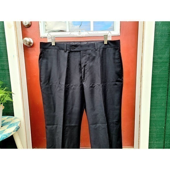 Calvin Klein Black Stripe Slim Fit Hipped Seam Pockets, Men's Wool Dress‎ Pants - Picture 3 of 7